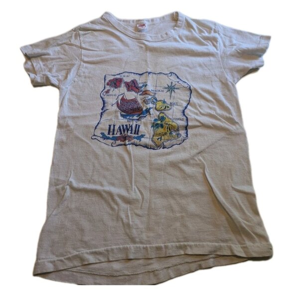 Vintage 80s Hawaii Tee Shirt Kids' Size M Boy's Antique Map Sailing Ship Islands - Picture 1 of 10
